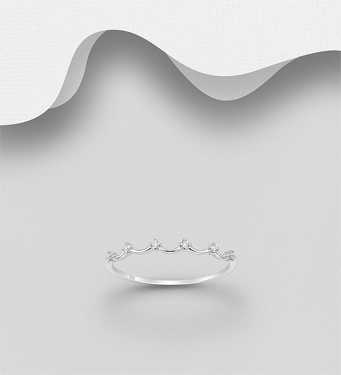 925 Sterling Silver Crown Ring, Decorated with CZ Simulated Diamonds