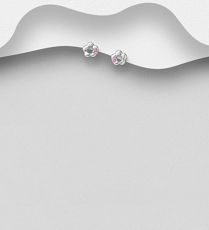 925 Sterling Silver Flower Push-Back Earrings, Decorated with CZ Simulated Diamonds