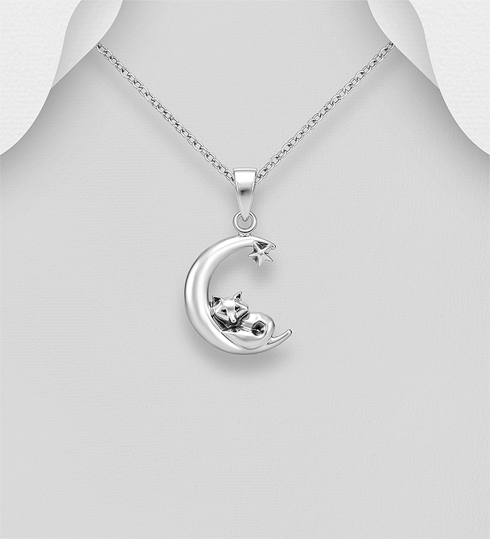 925 Sterling Silver Oxidized Fox, Moon and Star Pendant