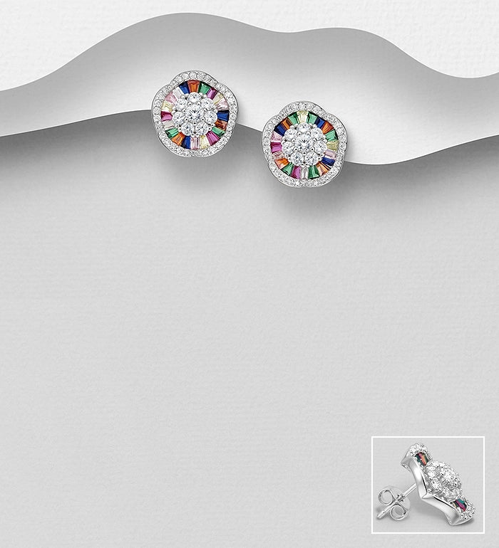 925 Sterling Silver Push-Back Earrings, Decorated with Colorful Glass and CZ Simulated Diamonds