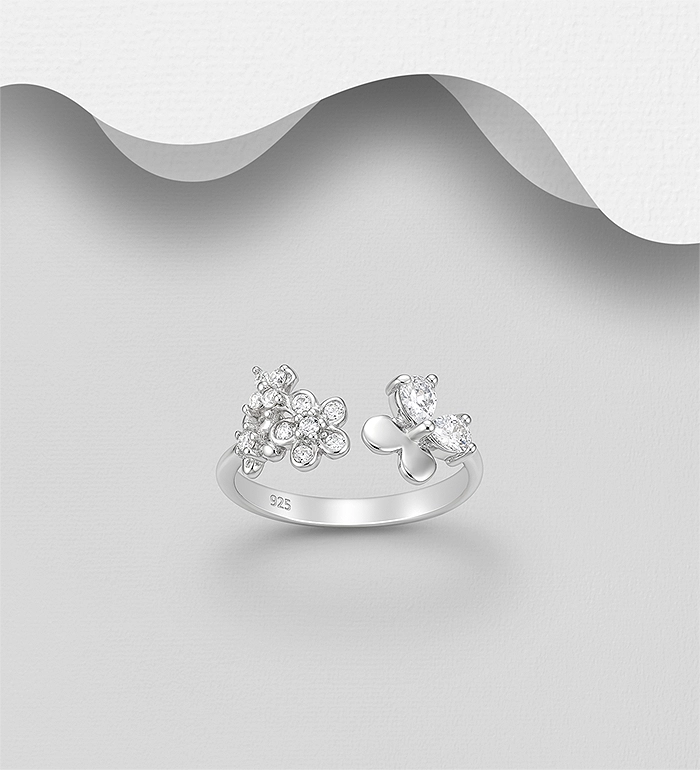 925 Sterling Silver Flower Ring, Decorated with CZ Simulated Diamonds