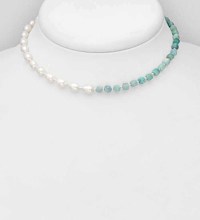 925 Sterling Silver Choker, Beaded with Freshwater Pearls and Various Gemstone Beads