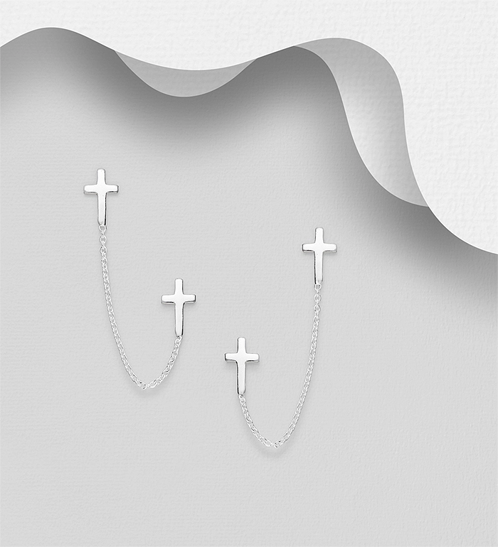 925 Sterling Silver Chain and Cross Push-Back Earrings
