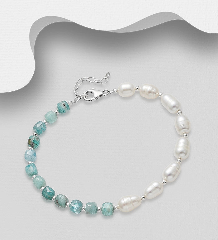 925 Sterling Silver Bracelet, Beaded with Freshwater Pearls and Various Gemstone Beads