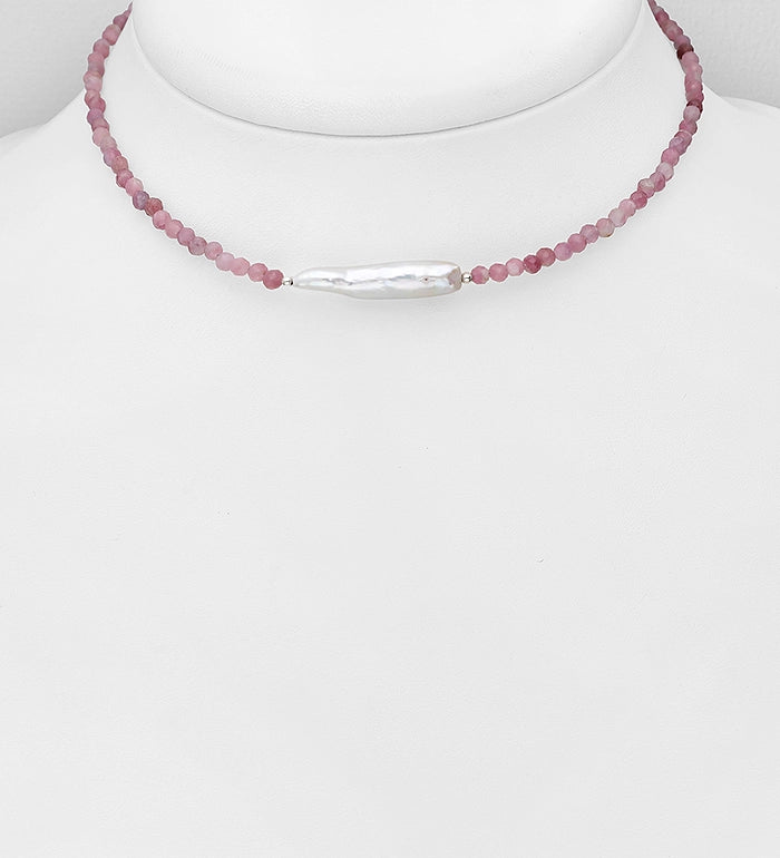 925 Sterling Silver Choker, Beaded with Freshwater Pearl and Various Gemstone Beads