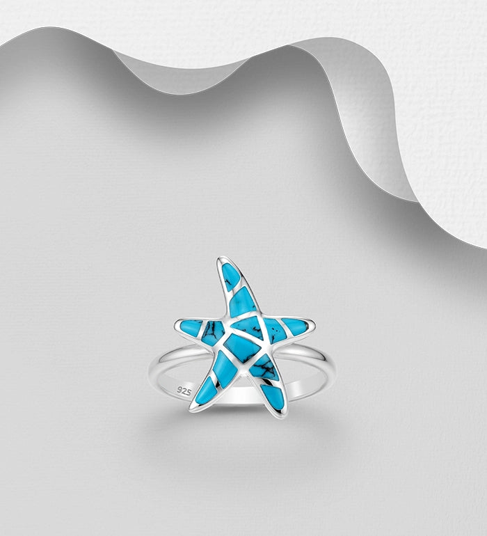 925 Sterling Silver Starfish Ring, Decorated with Resin