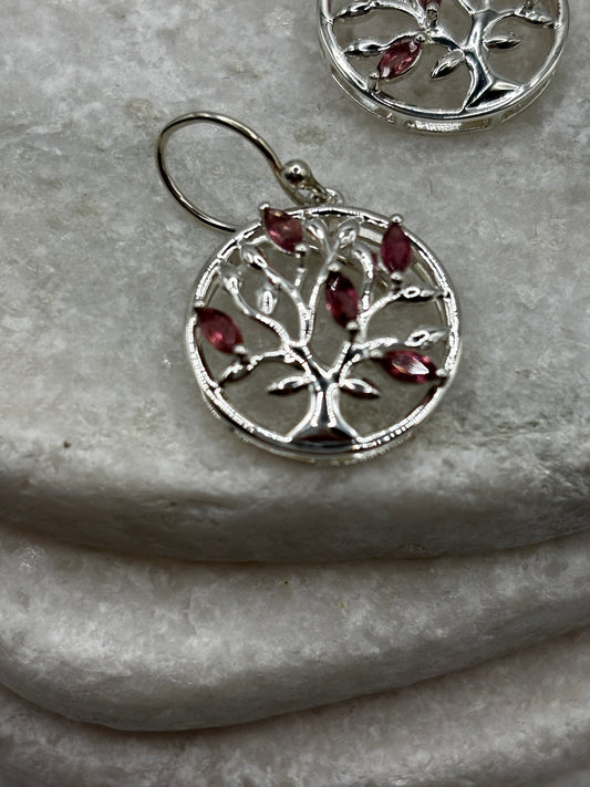 925 Sterling Silver Pink Tourmaline Tree of Life Earrings