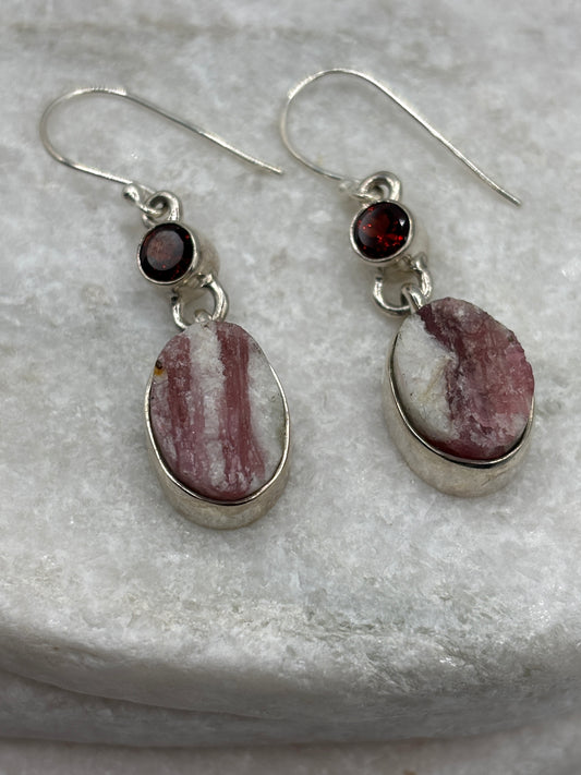 925 Sterling Silver Pink Tourmaline Drusy & Nampula Garnet Drop Earrings