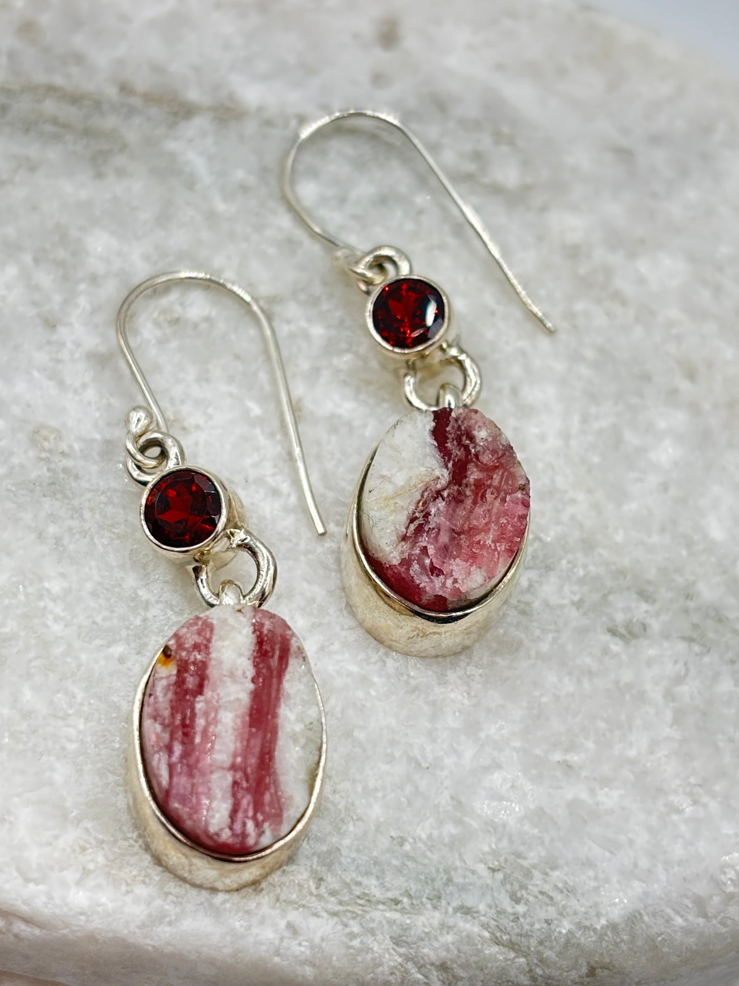 925 Sterling Silver Pink Tourmaline Drusy & Nampula Garnet Drop Earrings