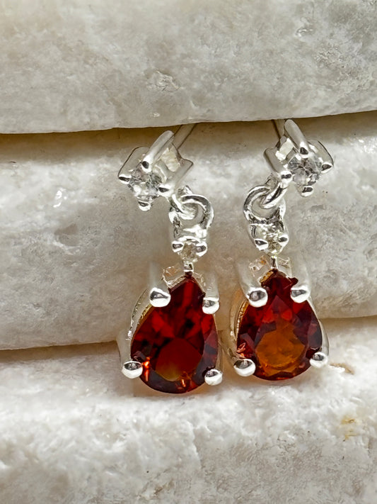 925 Sterling Silver Mandarin Garnet & White Zircon Drop Earrings