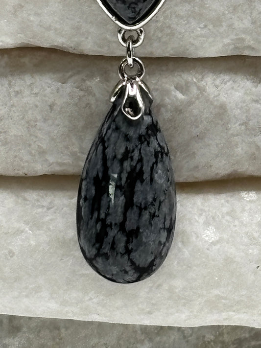 925 Sterling Silver Snowflake Obsidian Drop Earrings