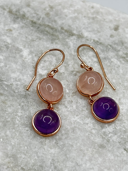 925 Sterling Silver Rose Gold Gilded Rose Quartz and Amethyst Drop Earrings