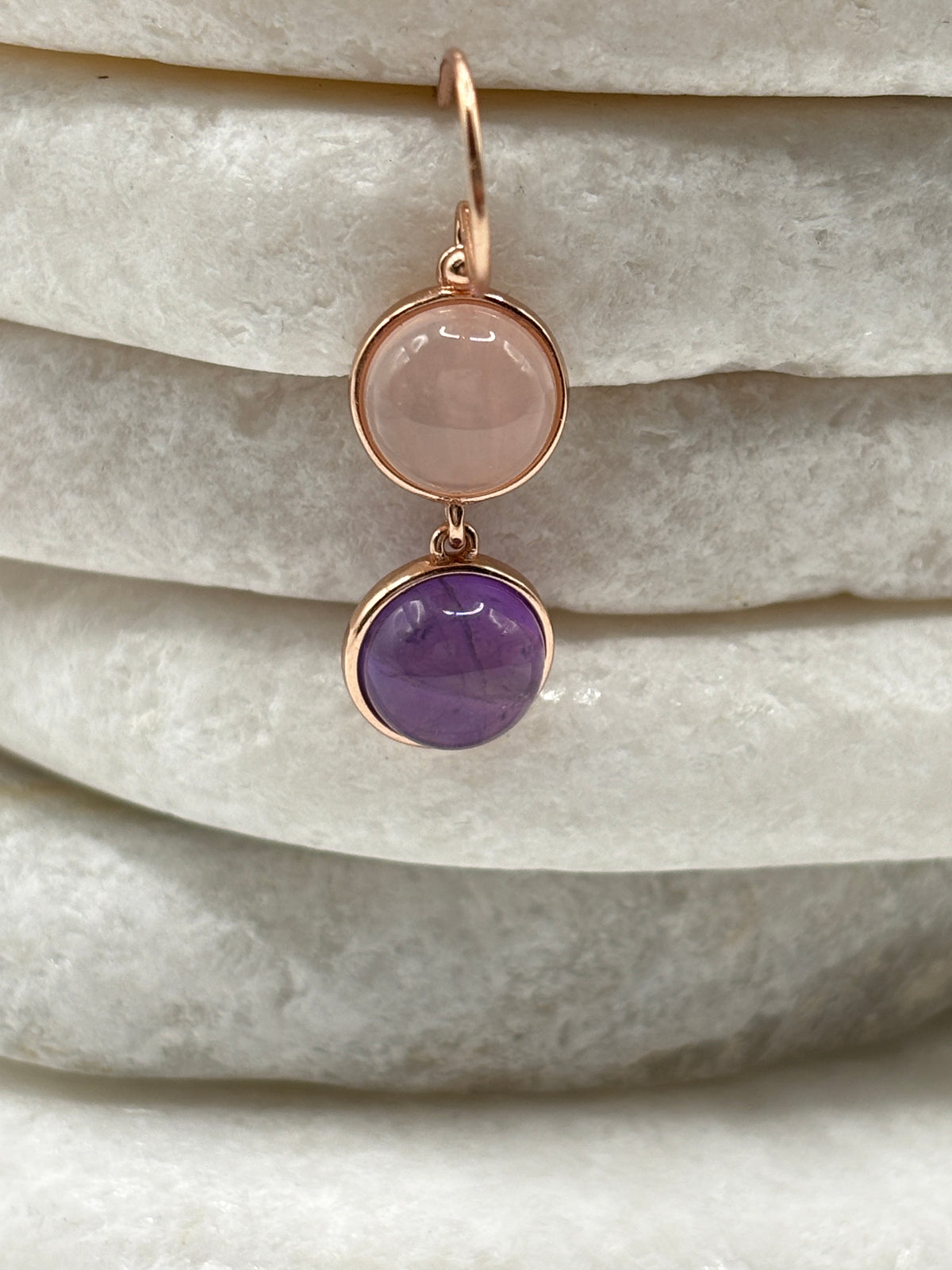 925 Sterling Silver Rose Gold Gilded Rose Quartz and Amethyst Drop Earrings