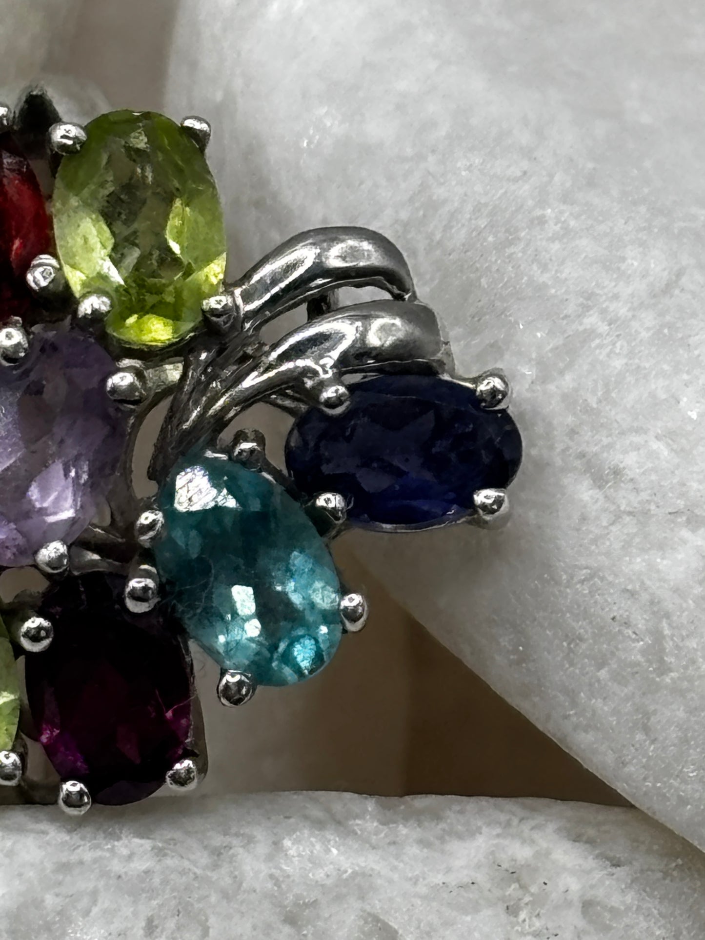 925 Sterling Silver Multigem Cluster Ring with Tanzanite, Topaz, Amethyst, Citrine, peridot and Garnet Size O