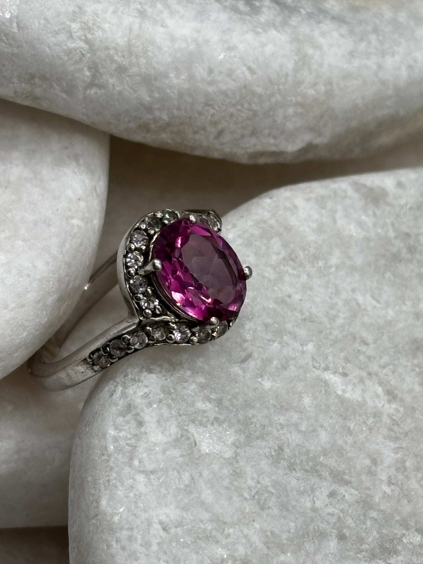 925 Sterling Silver Pink Topaz Halo Ring with White Topaz Shoulders Size M