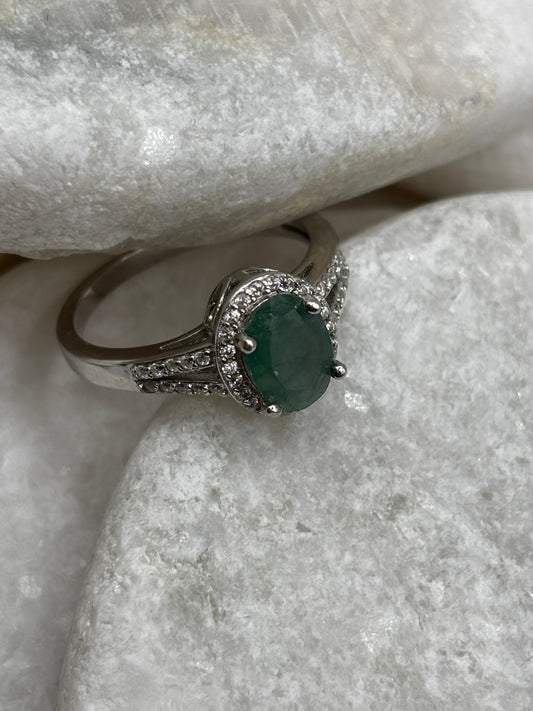 925 Sterling Silver Emerald Halo Ring with diamond set shoulders Size N / O