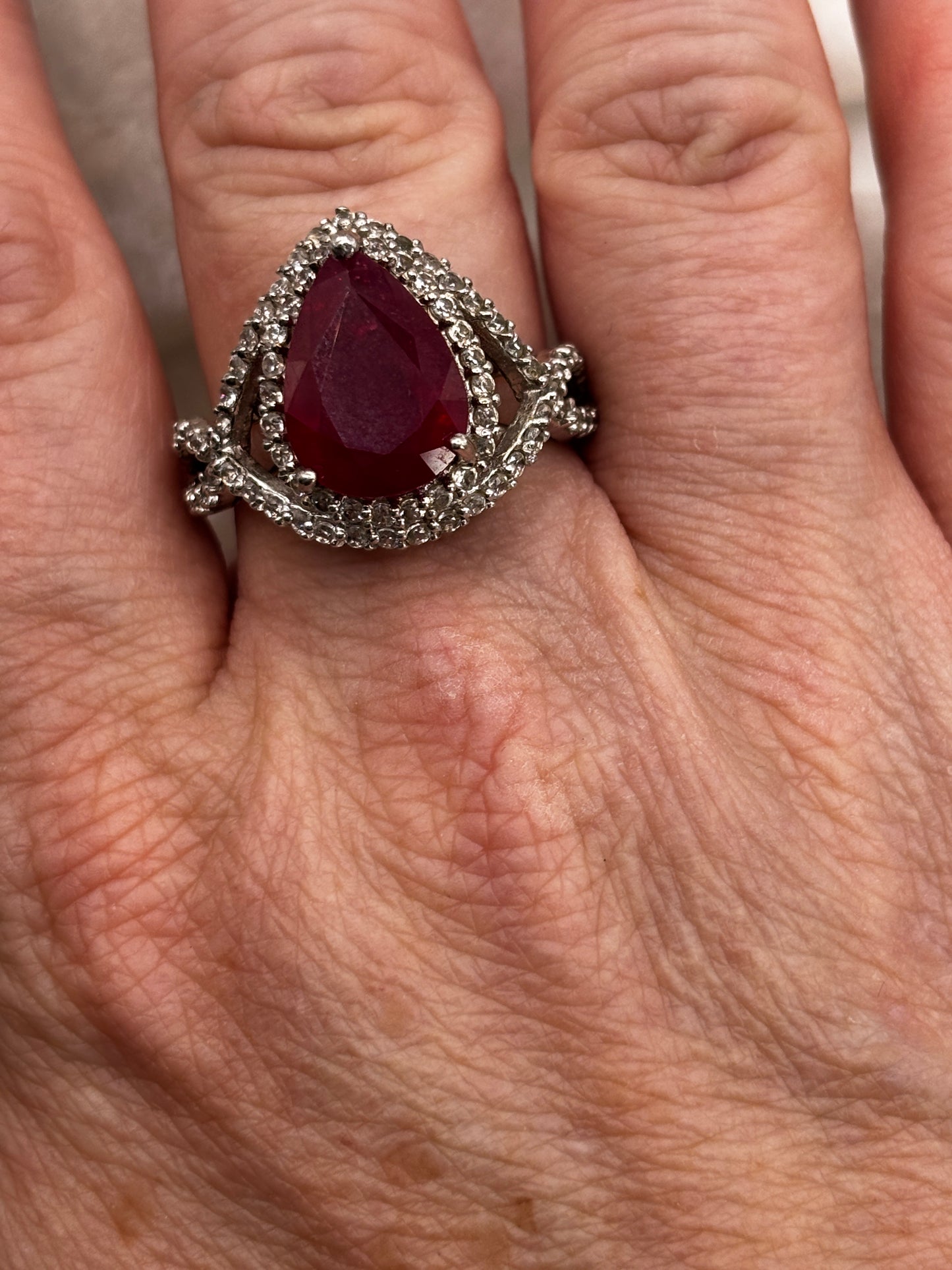 925 Sterling Silver Ruby Teadrop and White Topaz Ring - Size V/W