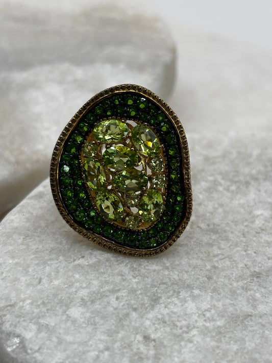 925 Sterling Silver Gold Guilded Peridot and Chrome Diopside Statement Ring - Size Q
