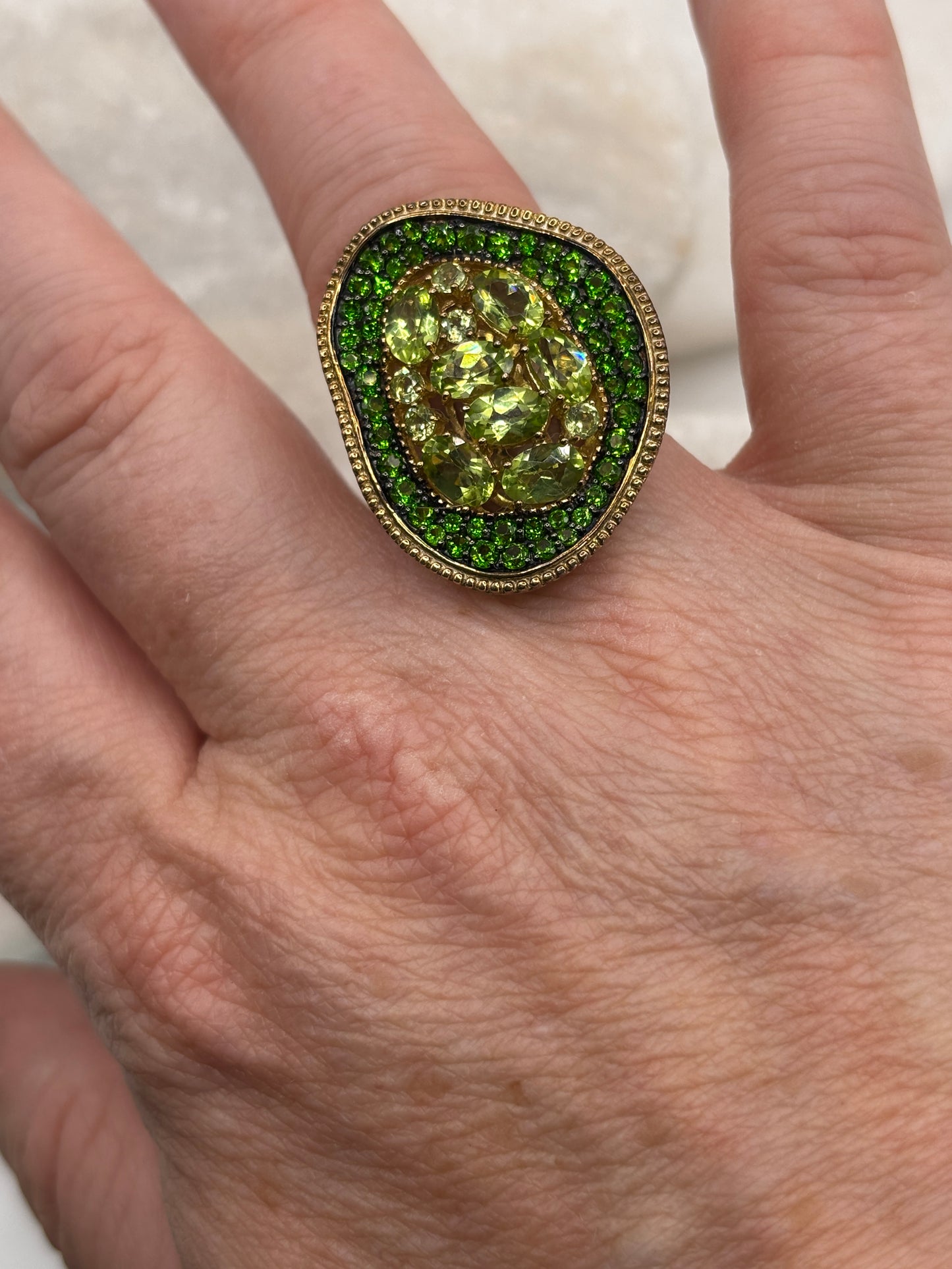 925 Sterling Silver Gold Guilded Peridot and Chrome Diopside Statement Ring - Size Q