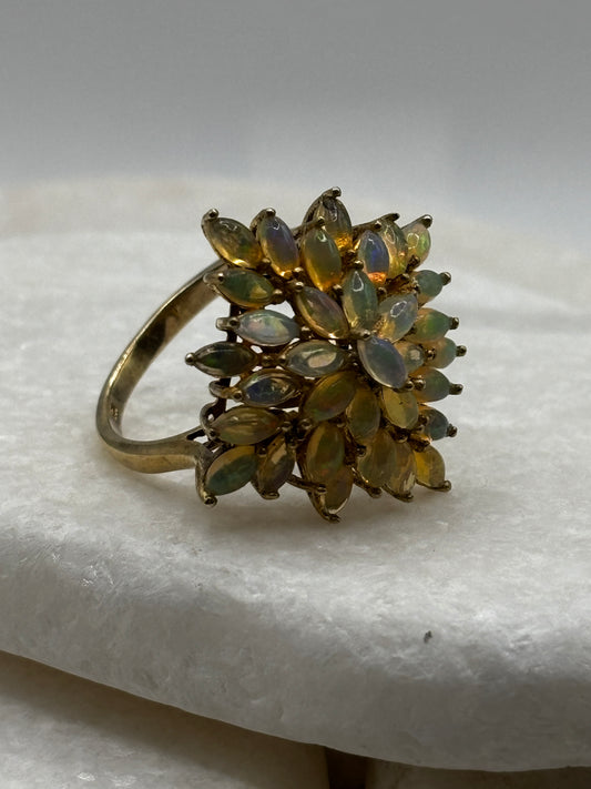 925 Sterling Silver Gilded Opal Cluster Ring - Size Z