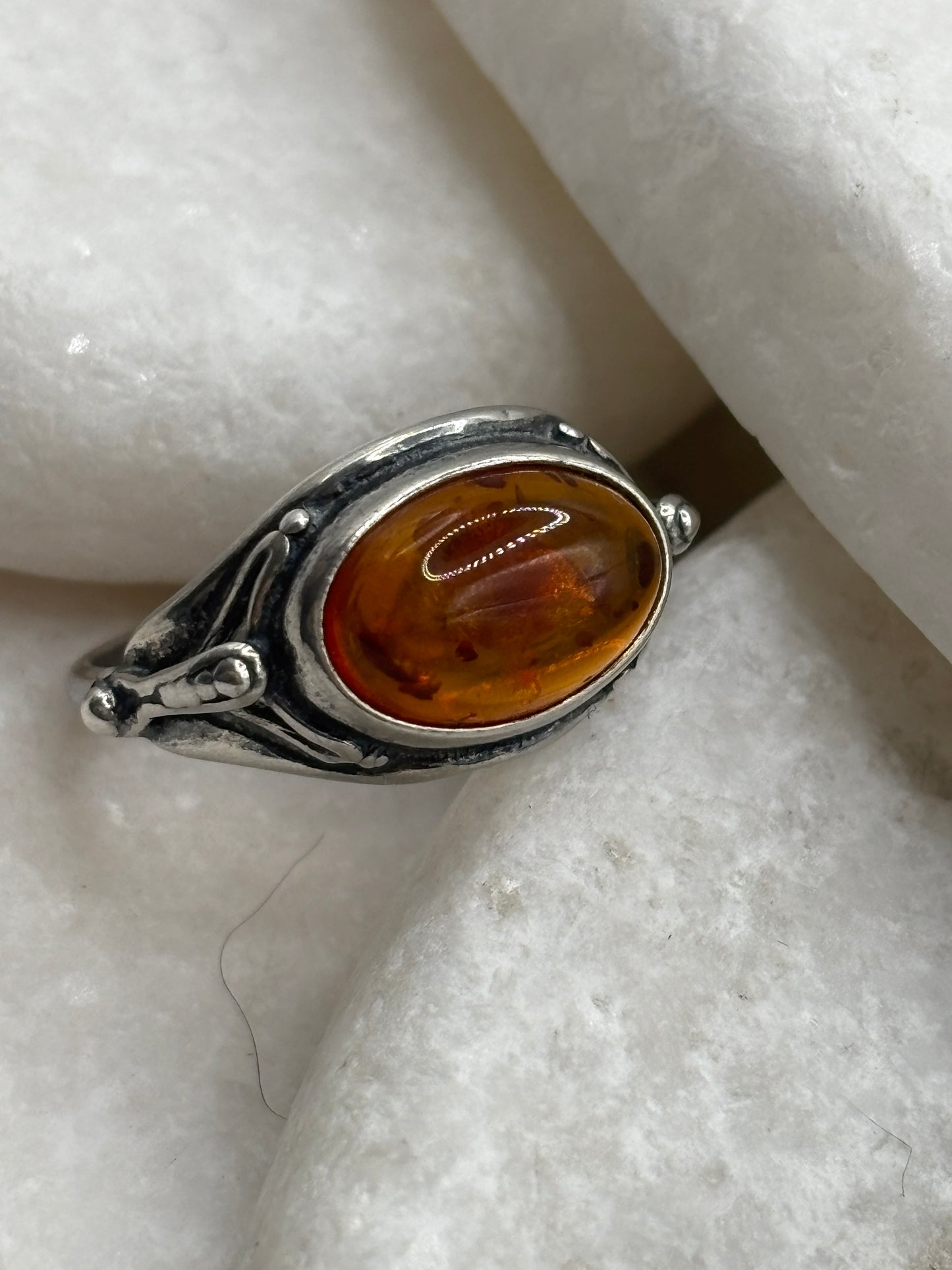 Vintage 925 Sterling Silver Oval Baltic Amber Ring - Size M