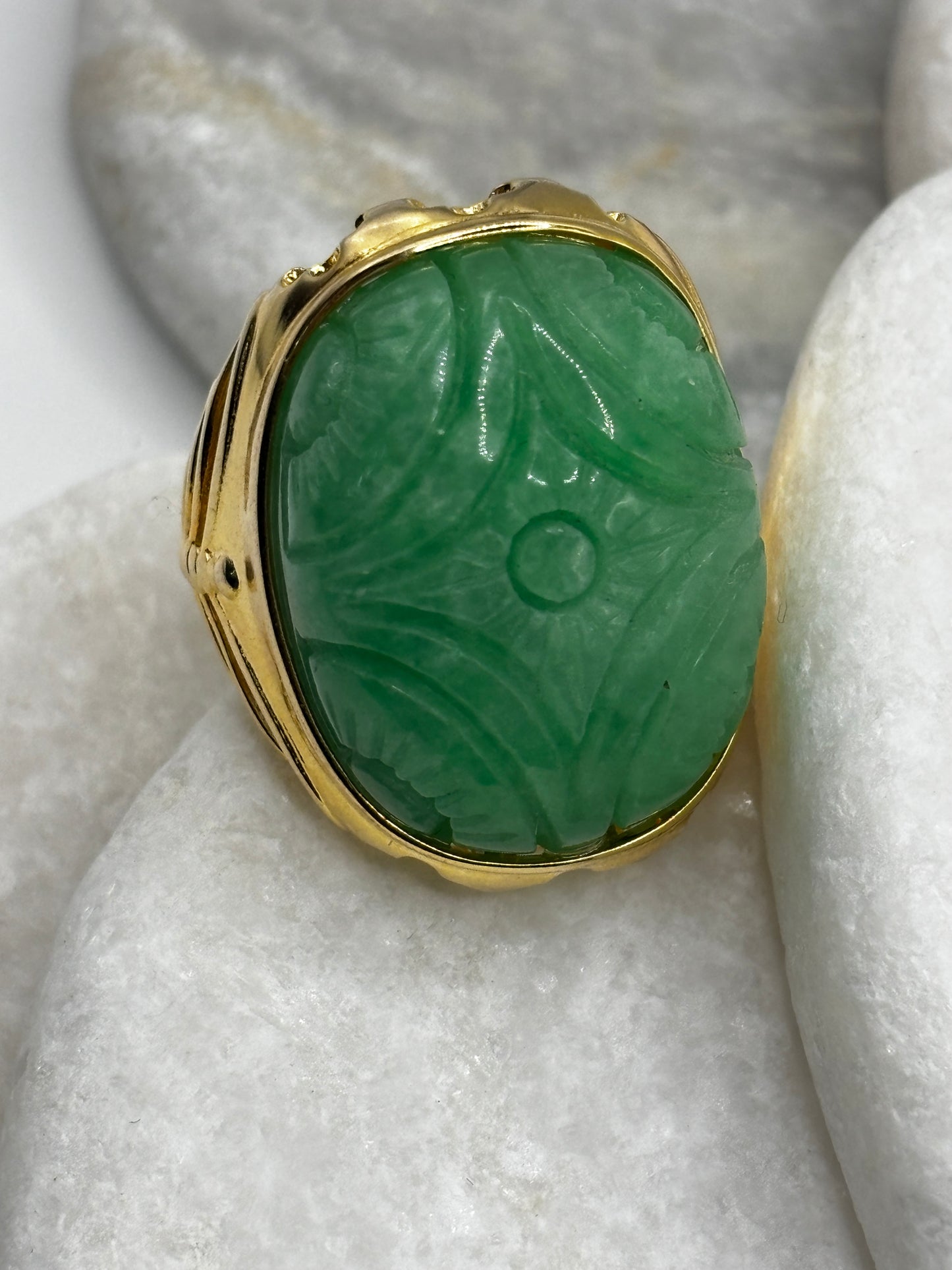 925 Sterling Silver Large Gilded Jade Ring - Size S