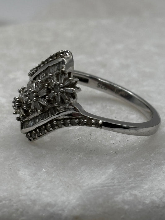 925 Sterling Silver Full Diamond Floral Ring - Size U