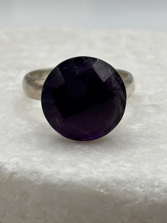 Vintage 925 Sterling Silver Faceted Amethyst Solitaire Ring – UK Size P