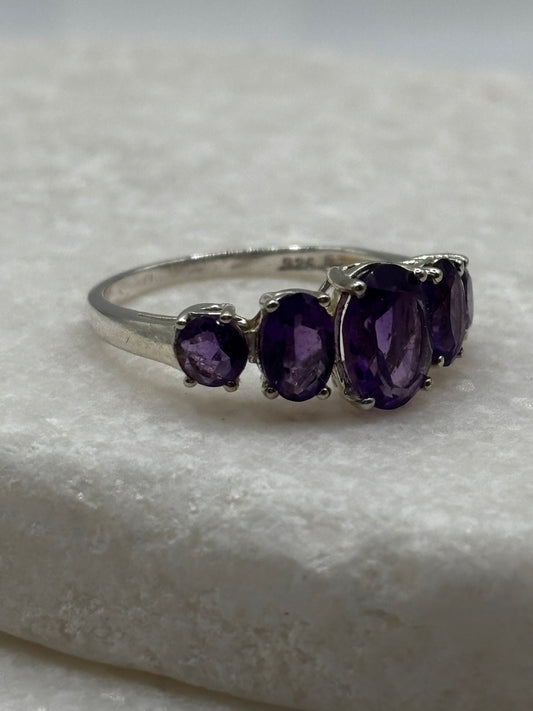 925 Sterling Silver Amethyst Half Eternity Band - UK Size N
