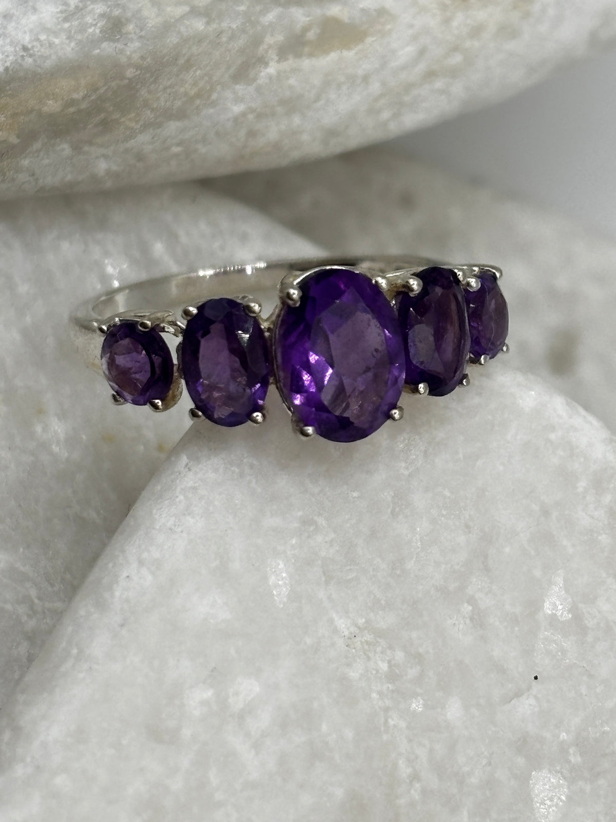 925 Sterling Silver Amethyst Half Eternity Band - UK Size N