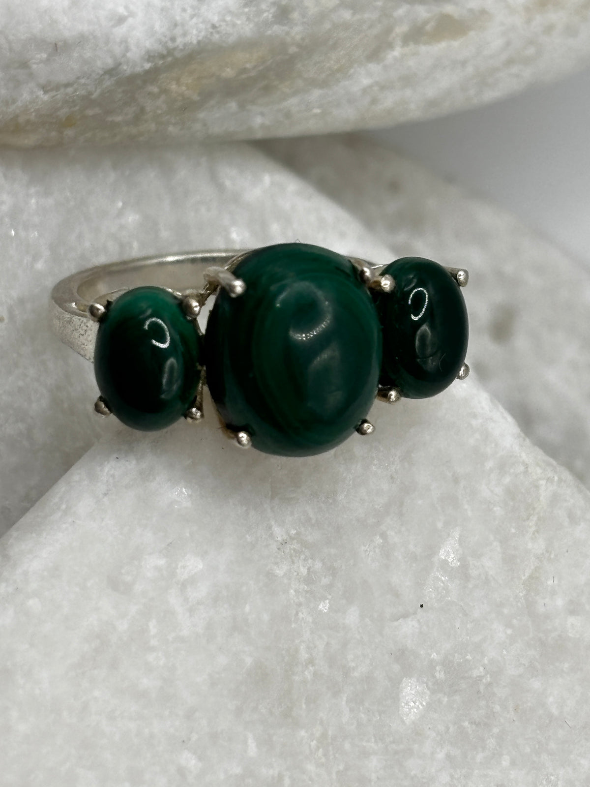 925 Sterling Silver Malachite Trilogy Ring - UK Size N