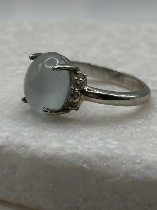 925 Sterling Silver Blue Chalcedony and White Topaz Cabochon Ring - Size O