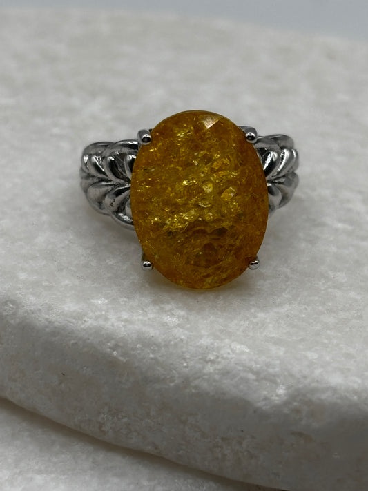 925 Sterling Silver Crackled Quartz Oval Ring - Size O