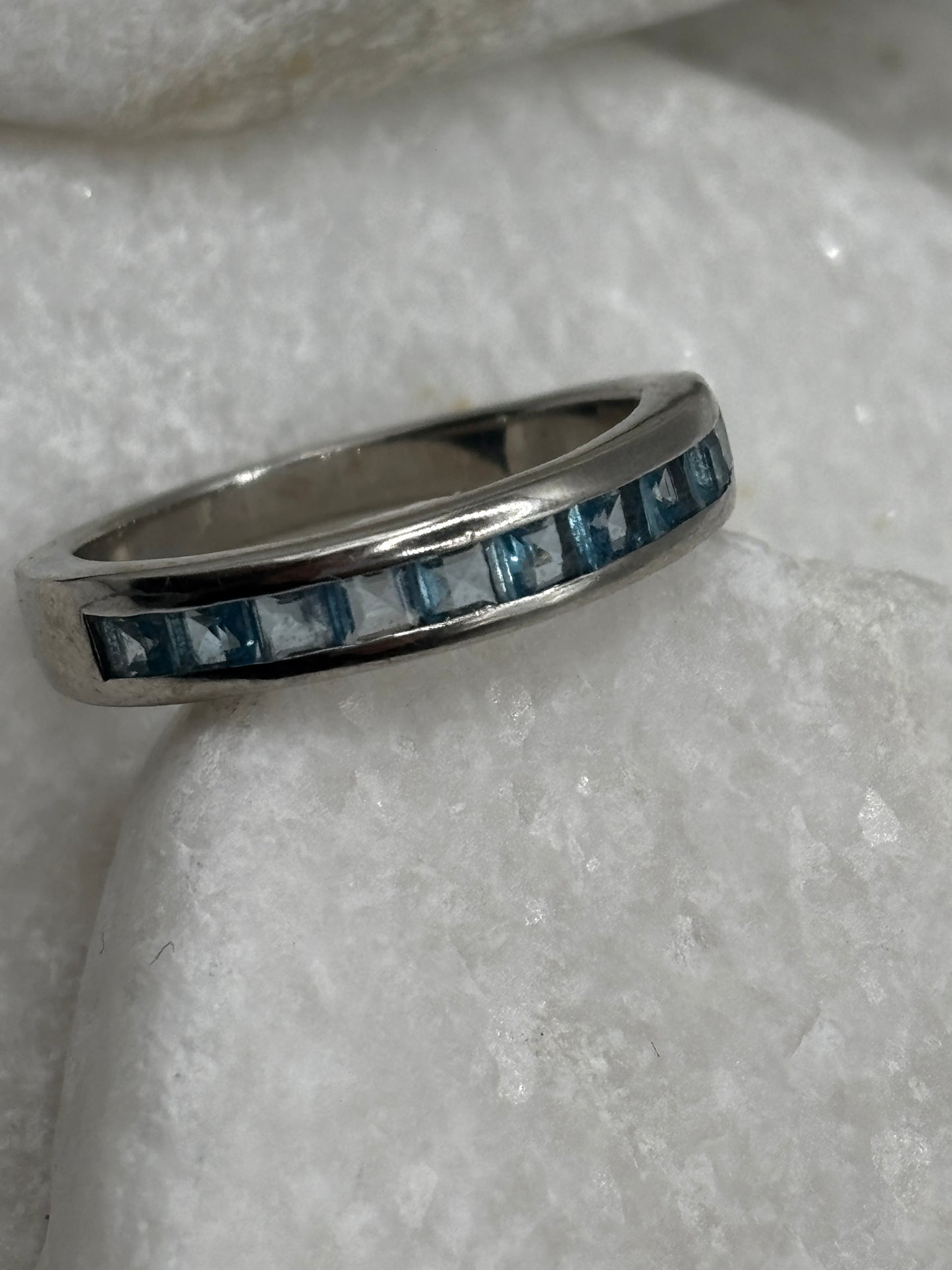 925 Sterling Silver Channel Set Blue Topaz Band Ring - Size O