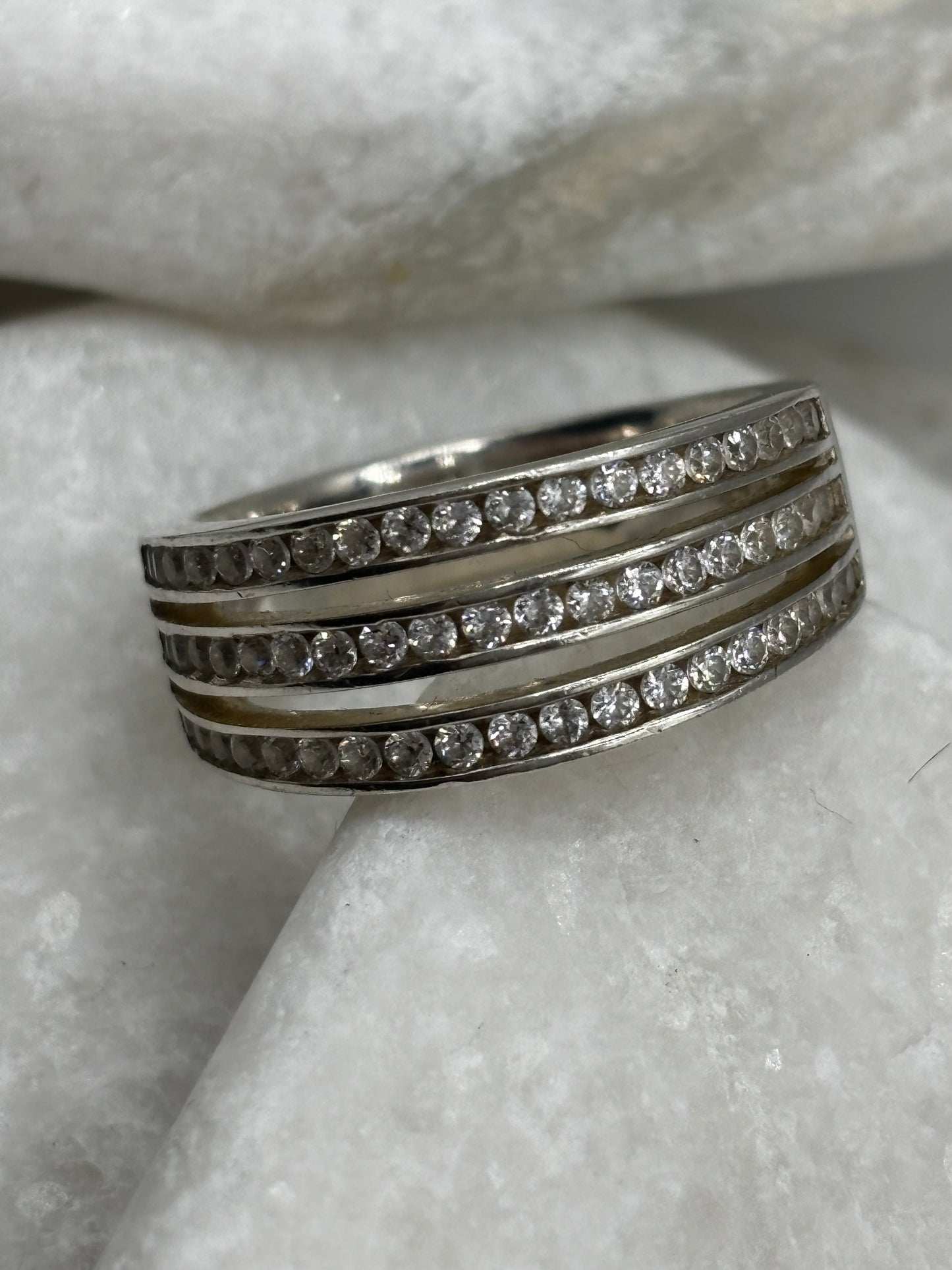Vintage 925 Sterling Silver Triple Band CZ Wide Band Ring
