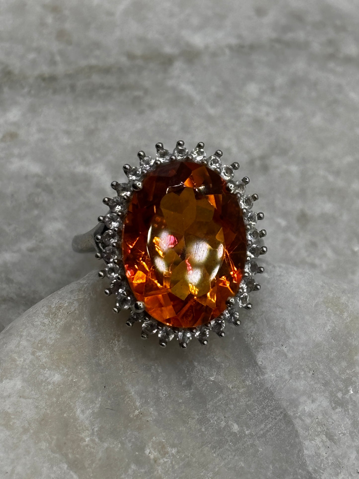 925 Sterling Silver Padparadscha Quartz Large Halo Ring with White Zircon - Size N