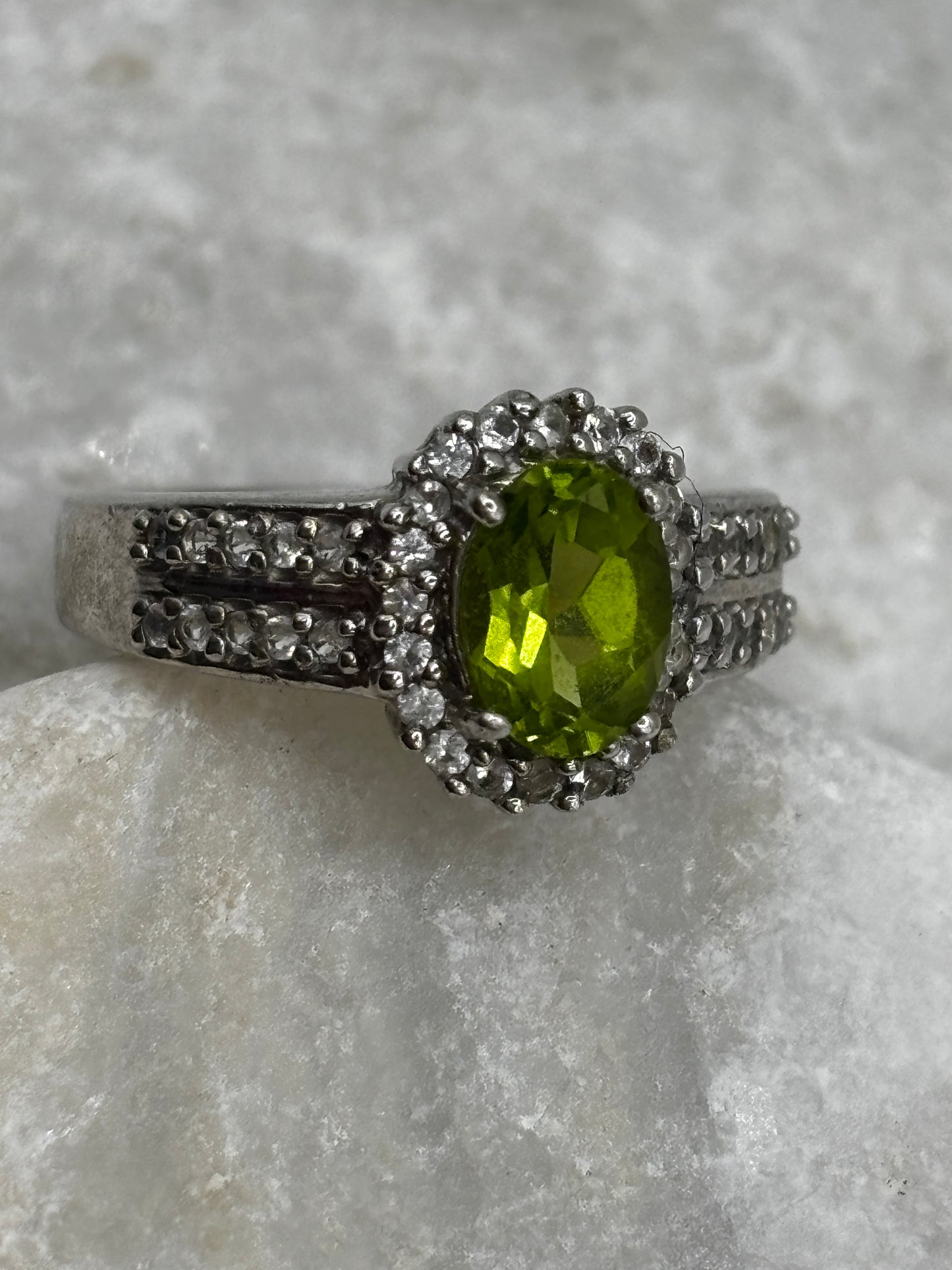 925 Sterling Silver Peridot and White Zircon Halo Ring - Size O