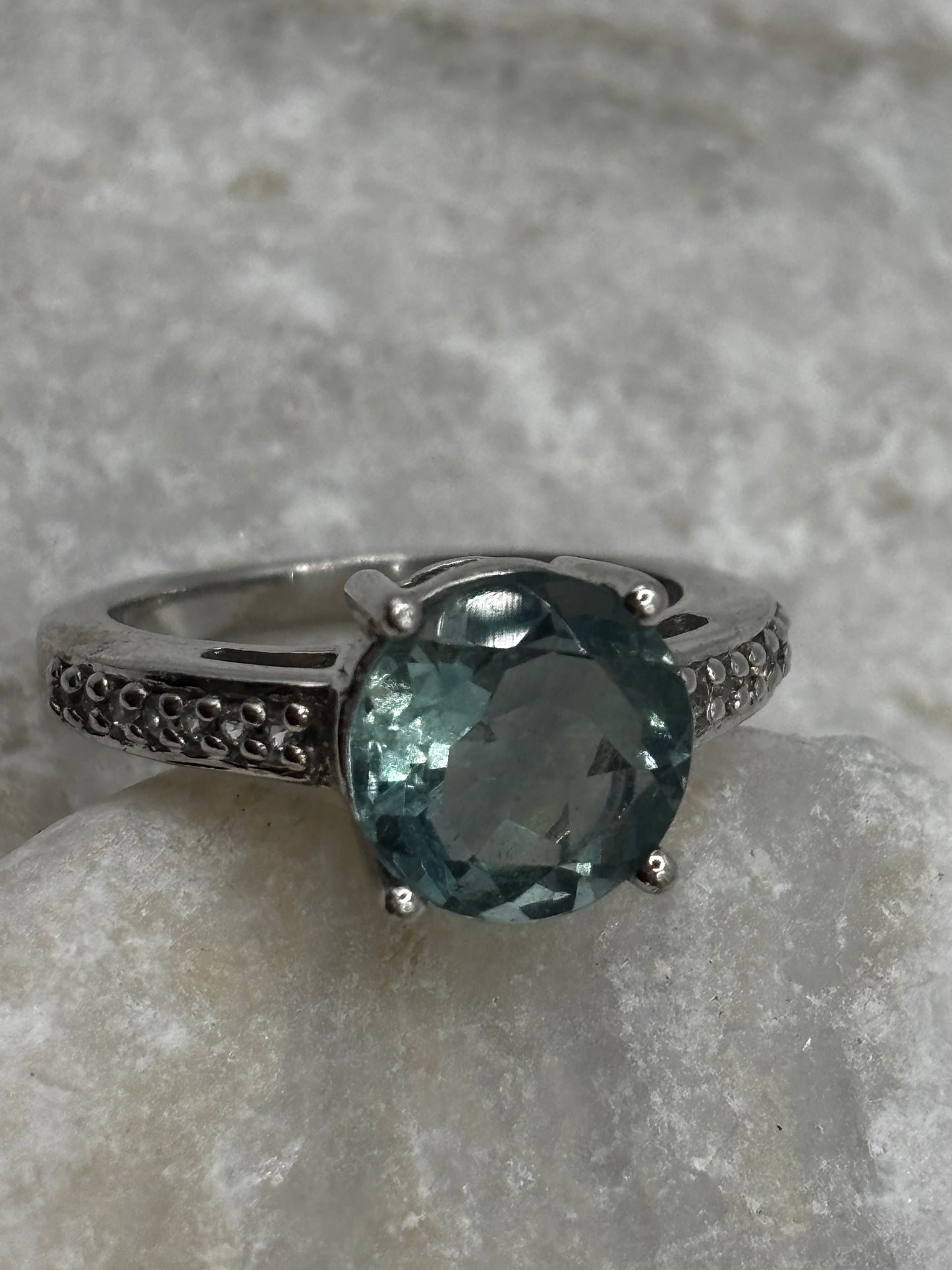 925 Sterling Silver Green Mint Faceted Tourmaline and White Zircon Solitaire Ring - Size O