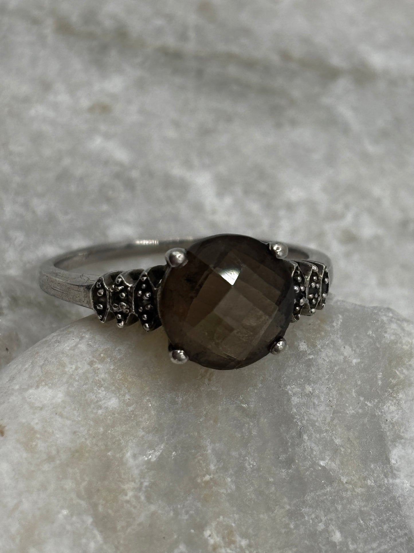 925 Sterling Silver Faceted Smoky Quartz Trilogy Ring - Size S