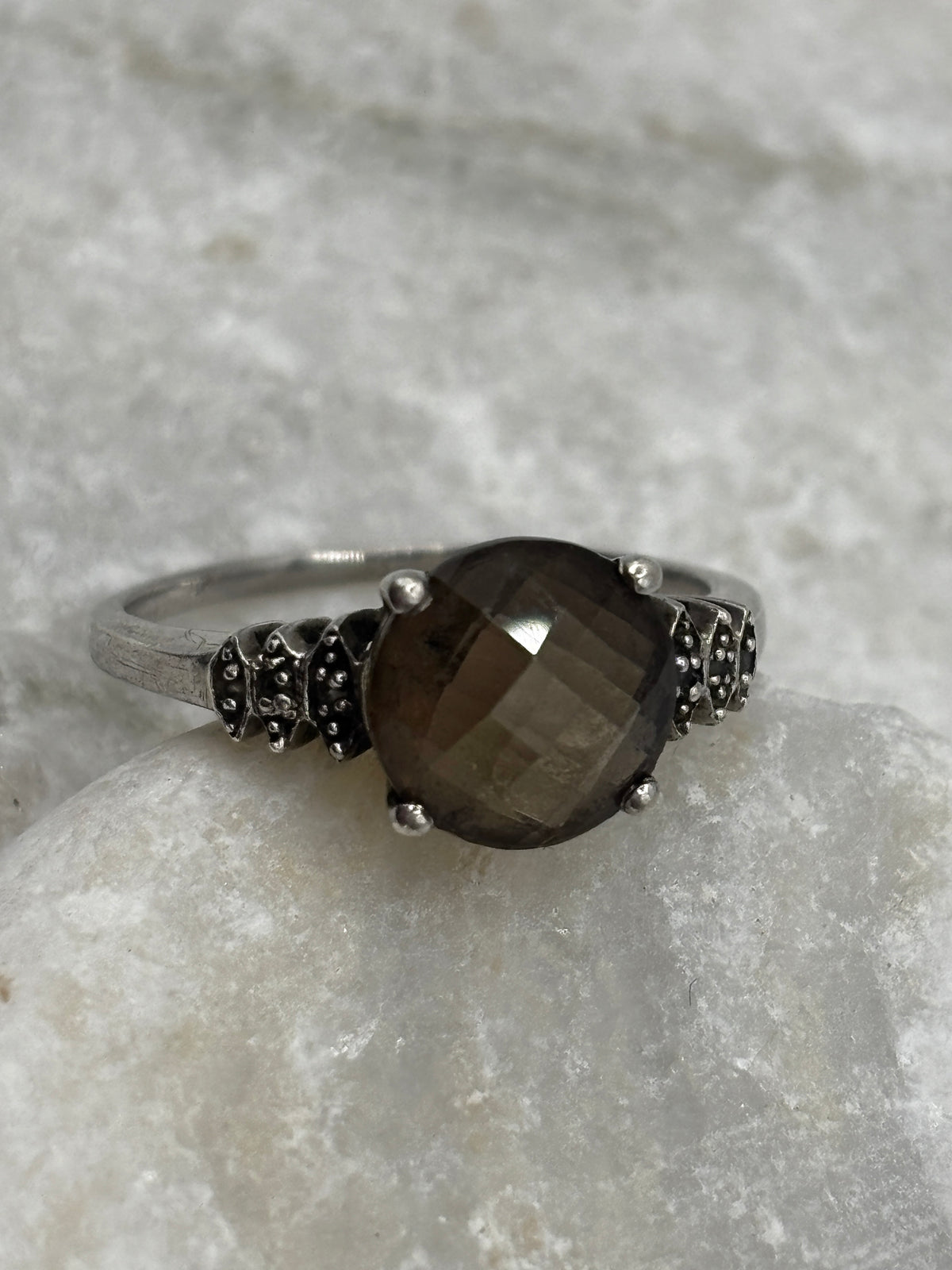 925 Sterling Silver Faceted Smoky Quartz Trilogy Ring - Size S