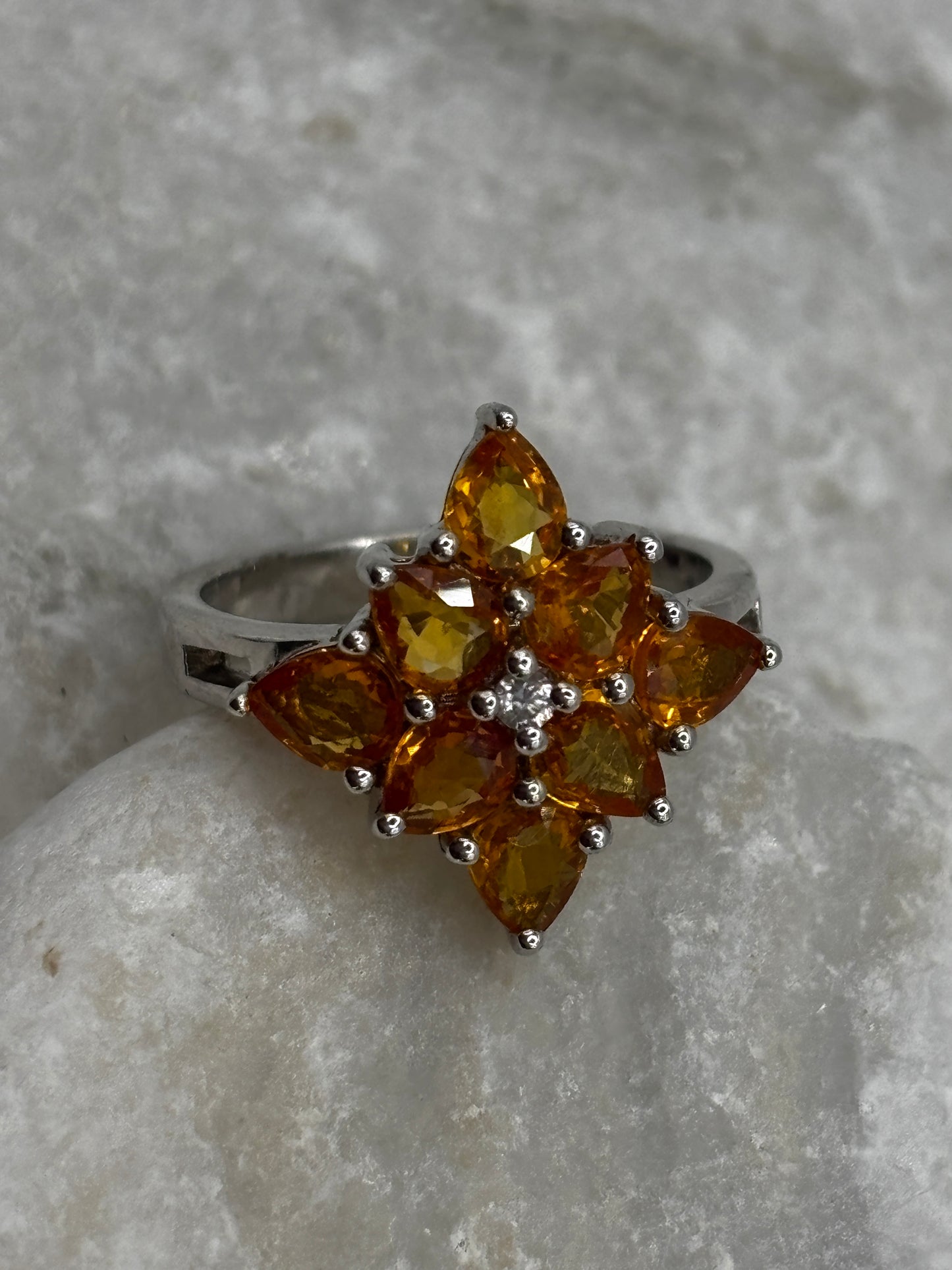 925 Sterling Silver Orange Garnet Cluster Ring - Size N / O