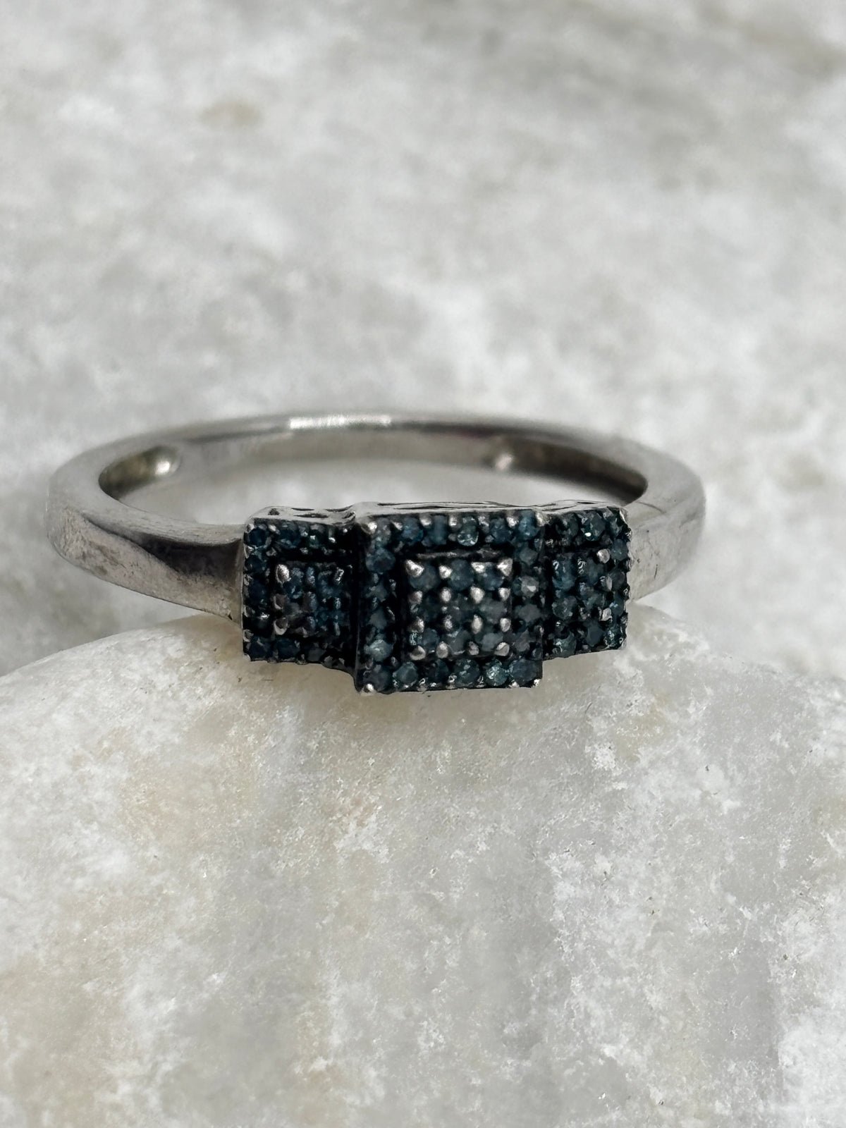 925 Sterling Silver Blue Diamond Square Trilogy Ring - Size O