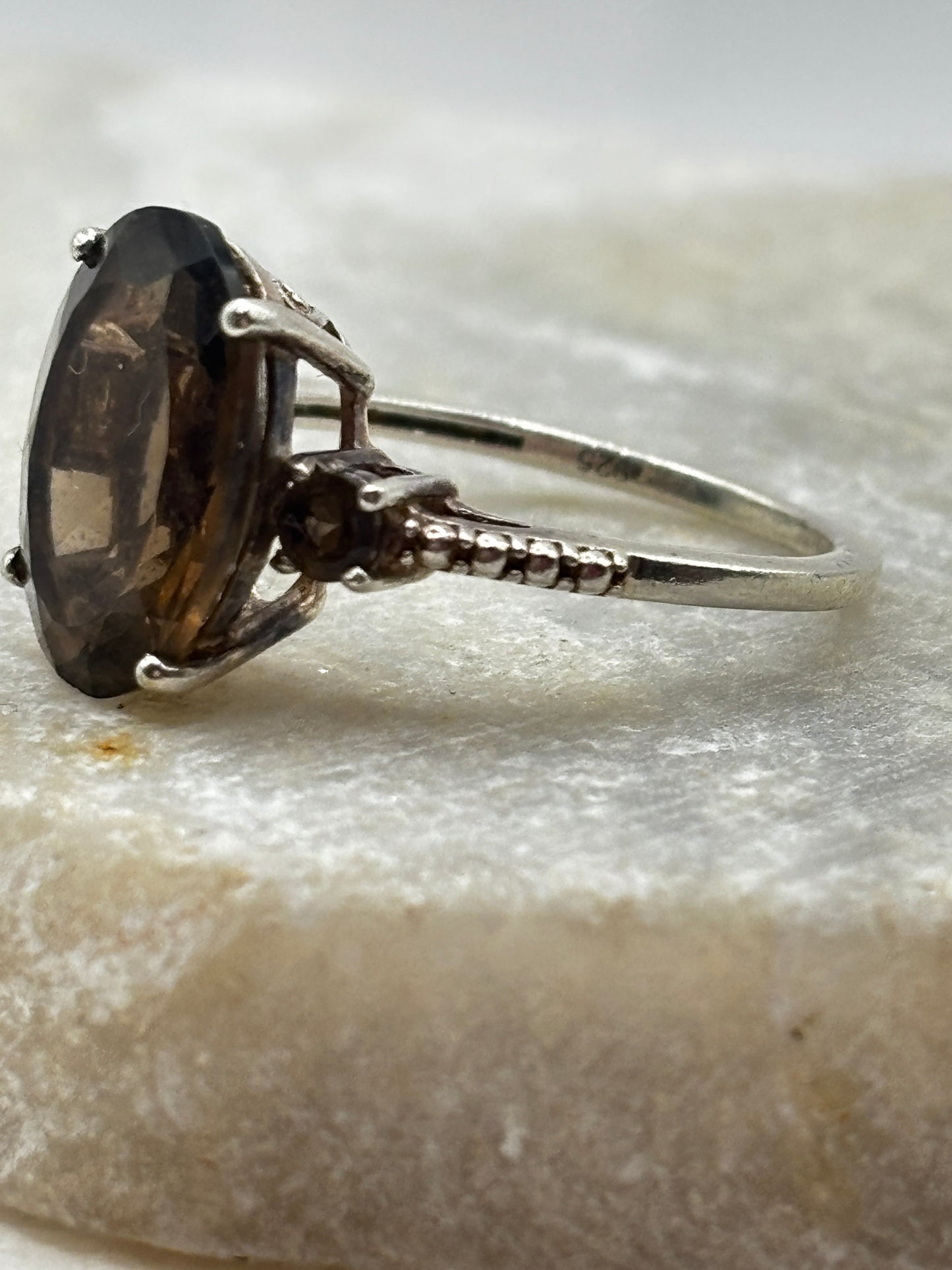 925 Sterling Silver Smoky Quartz Trilogy Ring - Size P