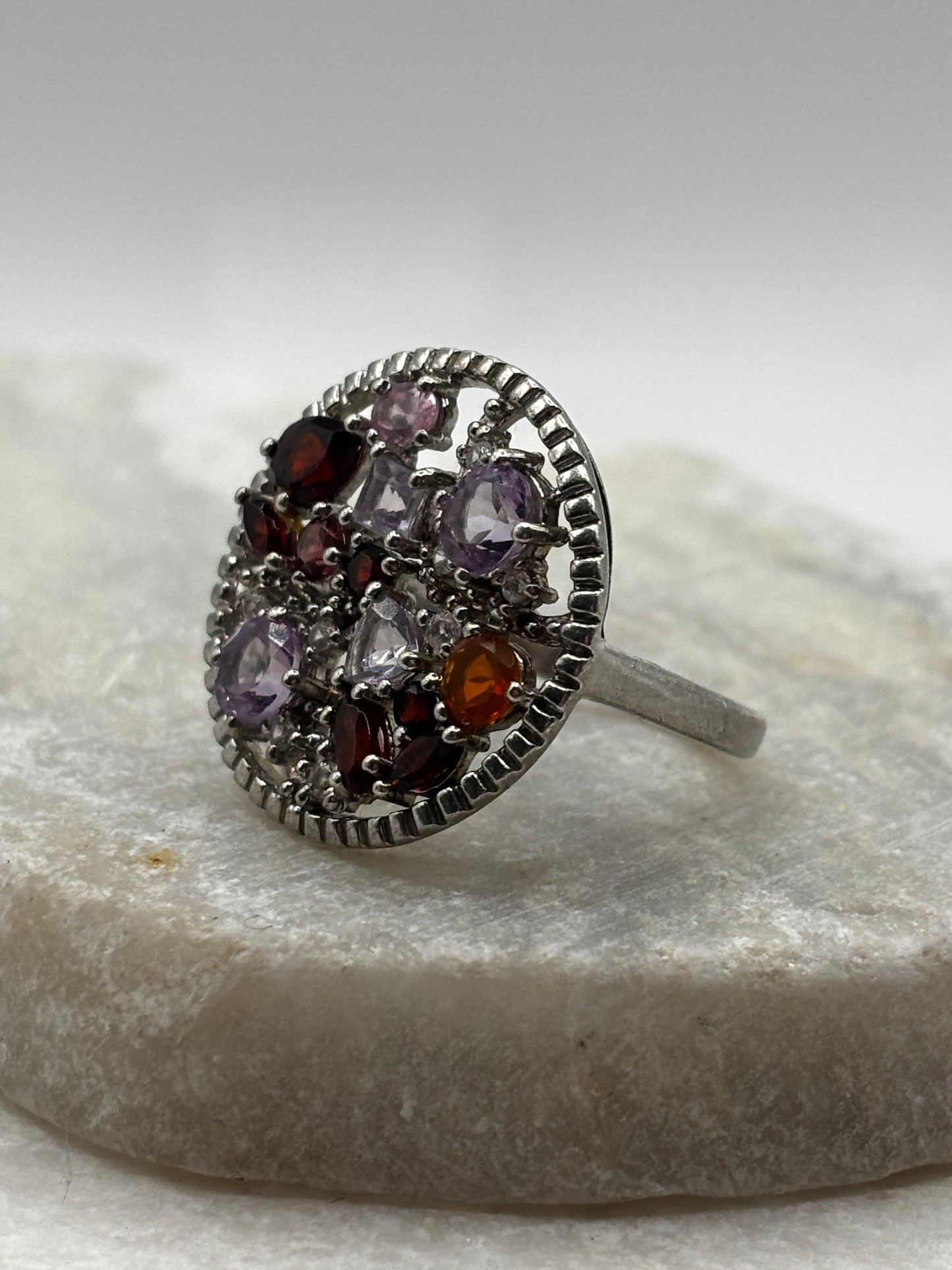 925 Sterling Silver multi gem round ring - Size P