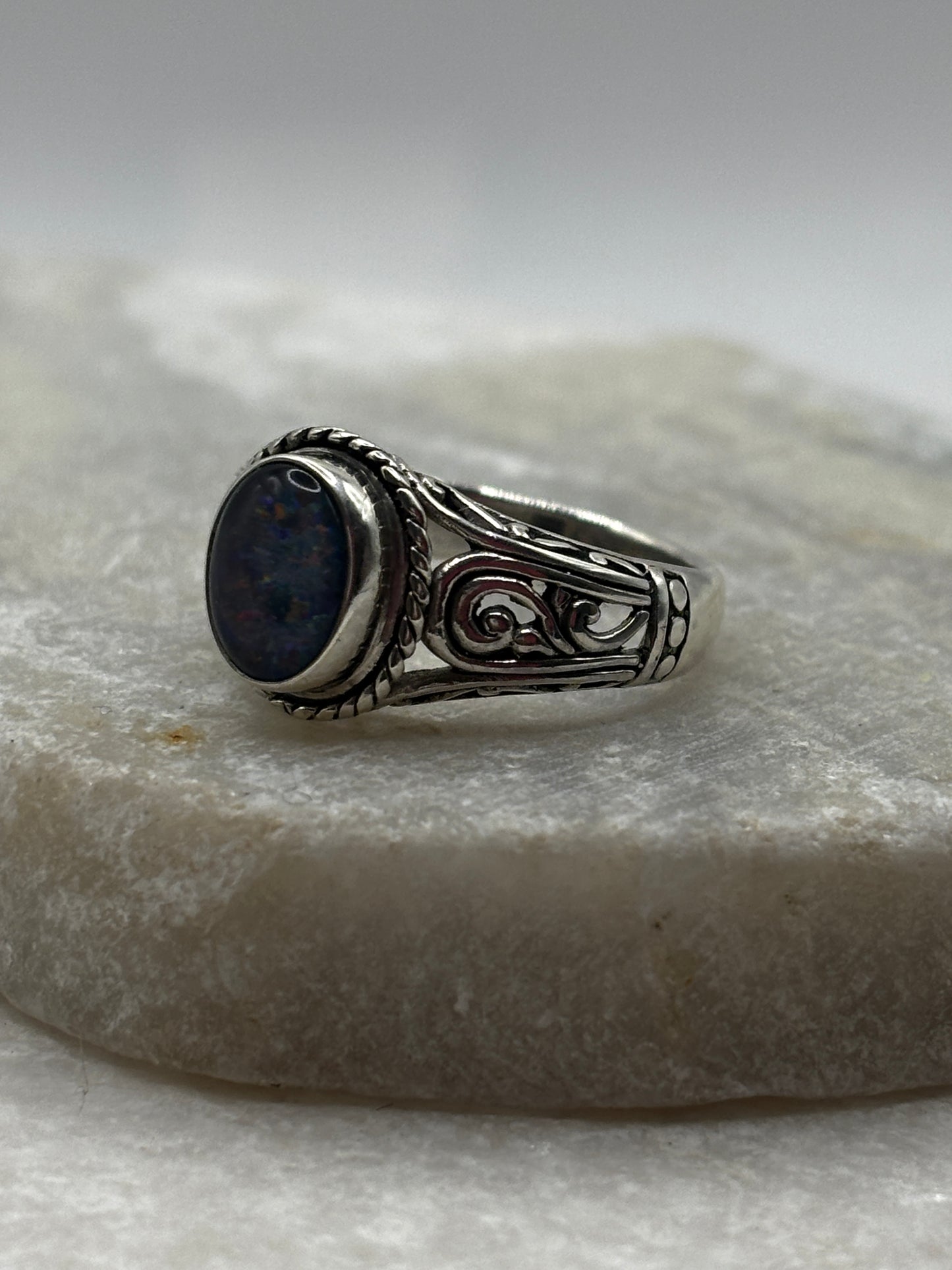 925 Sterling Silver Boho Opal Doublet Signet Ring - Size P