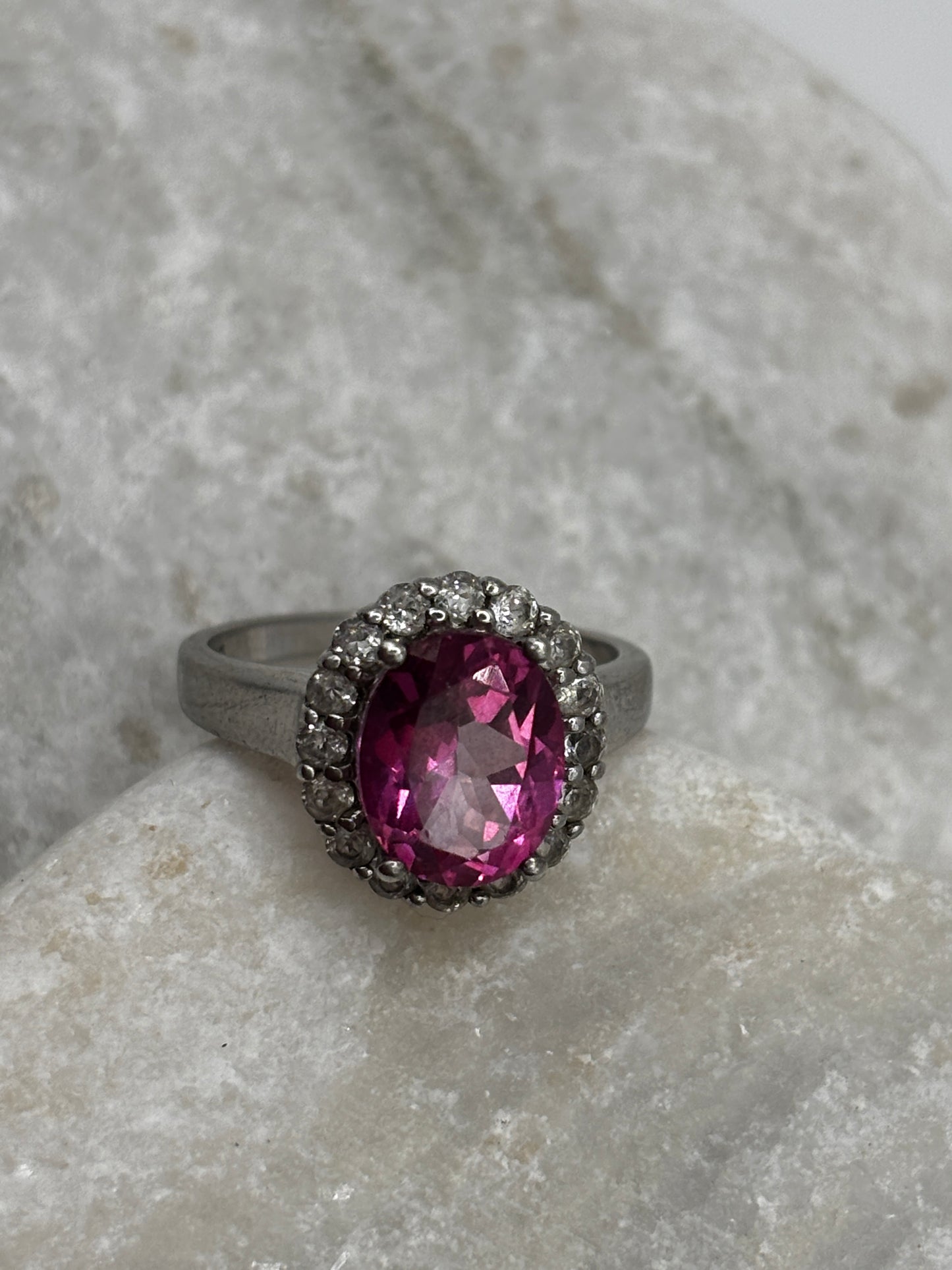 925 Sterling Silver Pink Sapphire and White Topaz Halo Ring - Size O