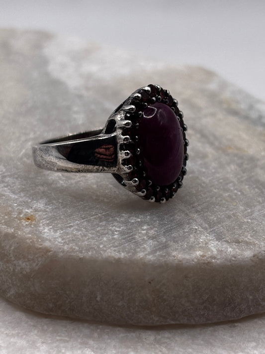 925 Sterling Silver Natural Ruby and Garnet Halo Ring - Size O