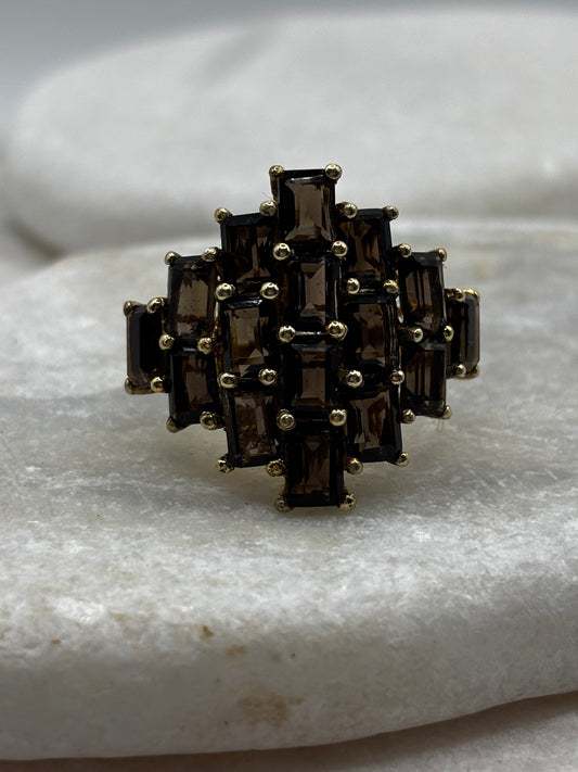 925 Sterling Silver Gilded Smoky Quartz Cluster Ring - Size Q