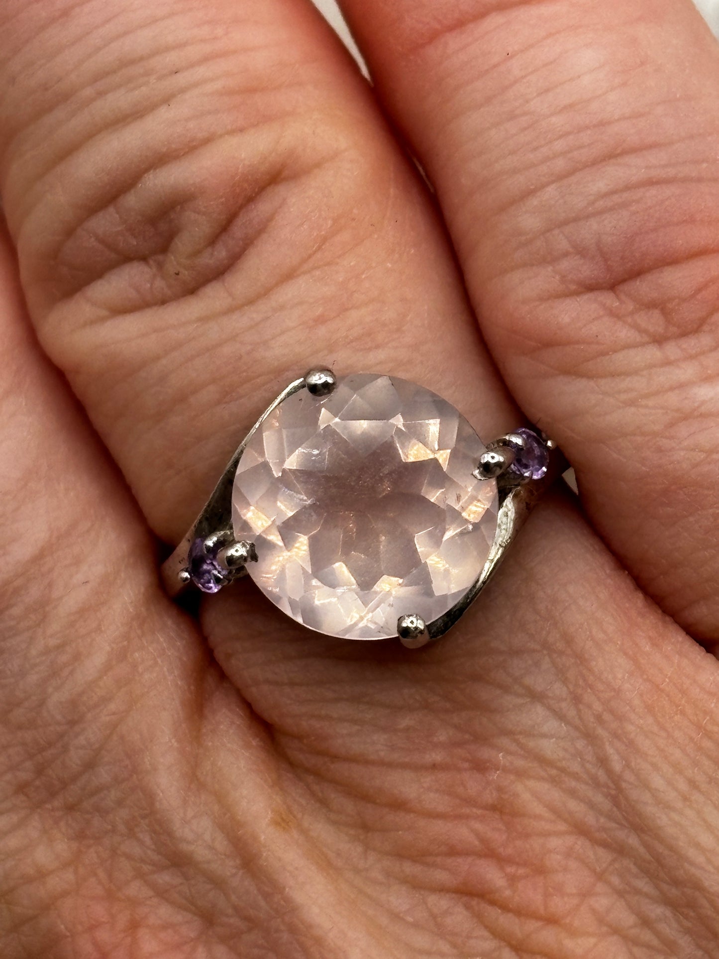 925 Sterling Silver Faceted Rose Quartz and Tanzanite Statement Ring - Size Q