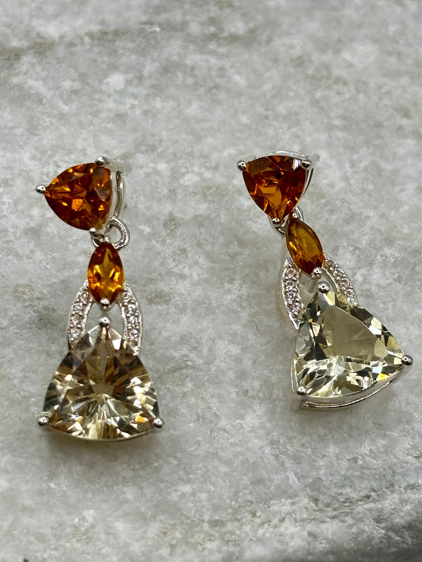 925 Sterling Silver Mandarin Garnet & White Zircon Large Drop Earrings